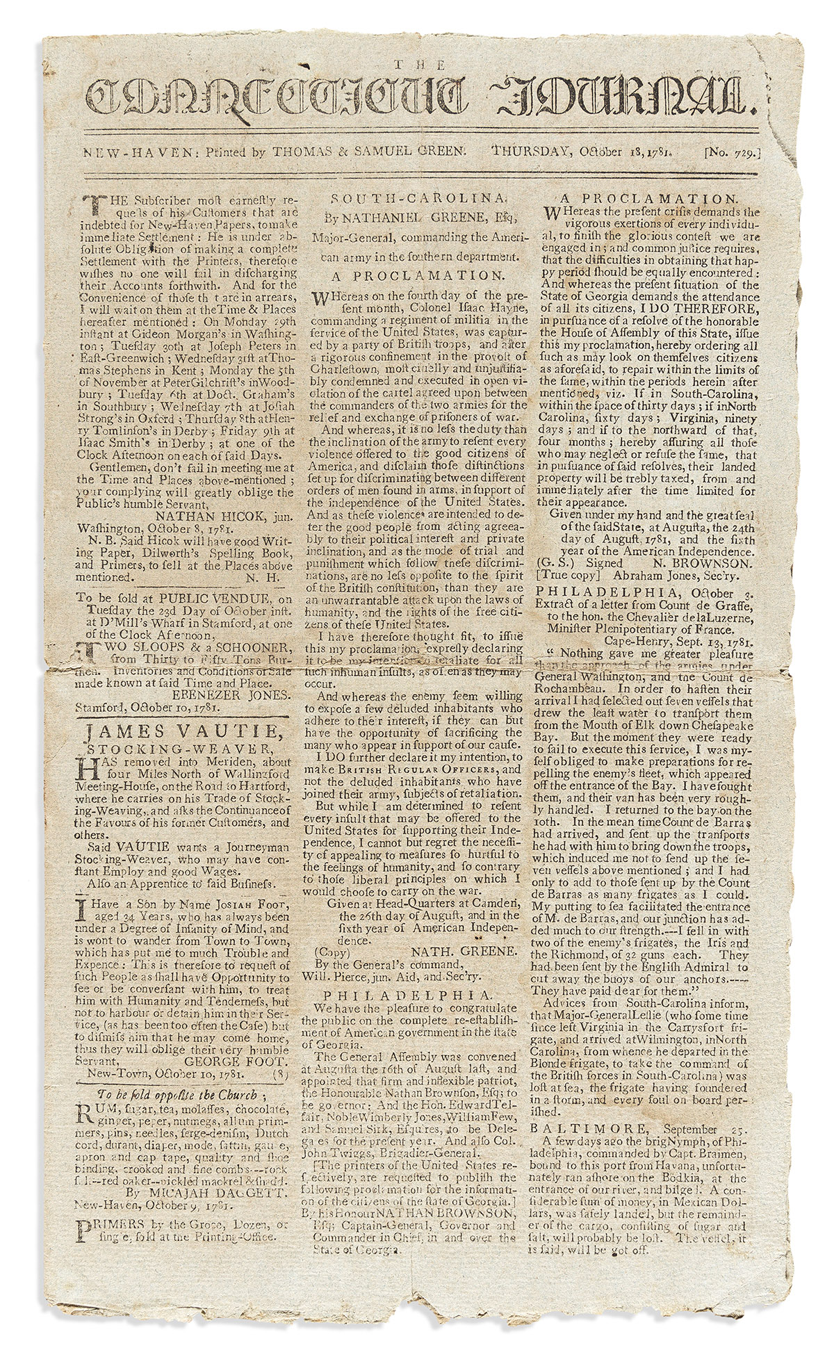 (AMERICAN REVOLUTION--1781.) Issue of the Connecticut Journal describing the start of the Siege of Yorktown.